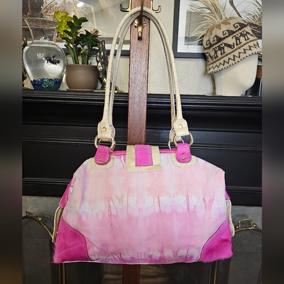 Sold Fabric & Cowhide Tie Dye Pink Satchel Handbag Purse - Picture 2 of 12
